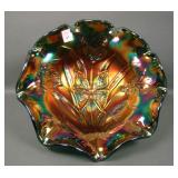 Fenton Green iridised Butterfly & Tulip Bowl