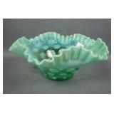 Fenton Green Opal Coin Dot Crimped Ruffled Bowl
