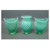 Three Fenton Green Opal Hobnail Minature Vases