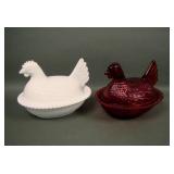 Two Indiana Glass Hens on Nests