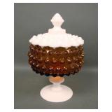 Fenton Amber/Milk Glass Hobnail Covered Candy