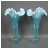 Two Fenton Blue Opal Diamond Lace Epergne Lily
