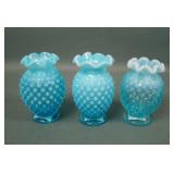 Three Fenton Blue Opal Hobnail Miniature Vases