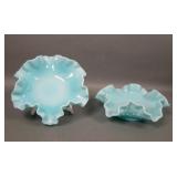 Two Fenton Turquoise Hobnail Ruffled Bowls