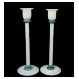 Fry Foval Opal/ Green Threading 12' Candlesticks