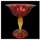 Durand Art Glass Ruby/ Spanish Yellow Stem Compote