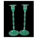 1920's Fry Glass Uranium Green Twist Candlesticks