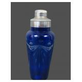 Cobalt Blue Cut to Clear Decorated Cocktail Shaker