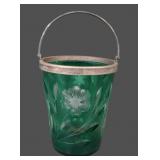 Durand Art Glass Green Cut/Clear Floral Ice Bucket