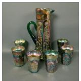 Fenton Green Paneled Dandelion 7 Pc Water Set