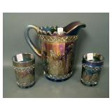 Dugan Blue Stork & Rushes Pitcher & 2 Tumblers