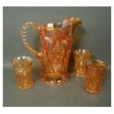 Brockwitz Mg Diamond Cut Pitcher & 3 Tumblers