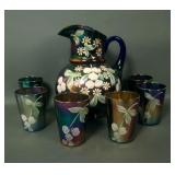 Fent. Blue Enam Cherries & Blossoms 7 Pc Water Set