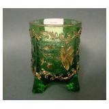U.S. Glass Green/Gold Bohemian Tooothpick Holder