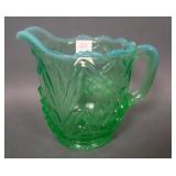 Fenton Green Opal Waterlily & Cat Tail Creamer