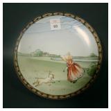 Signed Nippon Sunburst Girl & Dog 7 5/8" Plaque