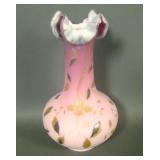Victorian Pink Satin Glass Floral Decorated Vase