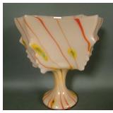 Signed Czech Pnk/Red Striped Decorated Lg Compote