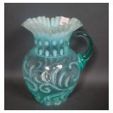 Vintage Fenton Blue Opal. Button & Braids Pitcher