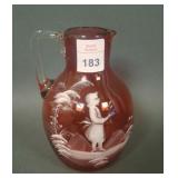 Victorian Cranberry Enamled Mary Gregory Pitcher