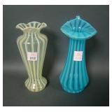 2 Victorian Vaseline and Blue Opal Striped Vases