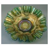 9 3/8” Fenton Ten Mums Bowl w/ 3 in 1 Edge – Green