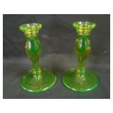Fostoria (?) 6” Tall Candlesticks – Vaseline