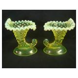 Pair Fenton Hobnail Cornucopia Candlesticks –