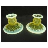 Pair 3” Fenton Hobnail Squatty Candlesticks –