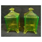 Pair EAPG 4 ftd. Square Covered Jars – Vaseline