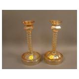Pair 8” Tall Depression Era Spiral Candlesticks –