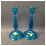 Pair 8 ½” Tall Diamond Round based Candlesticks –