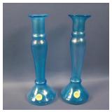 Pair 10” Tall Diamond Blown Mold Candlesticks/