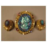 Iridized Cameo Pin and Earring Set – Dark (really