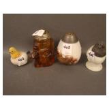 4 pc. Lot: Rooster Head – Amber; Figural Chick w/