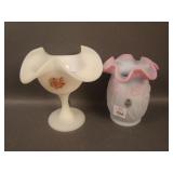 2 pc. Lot: Fenton Cream Satin Decorated Compote