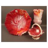 3 pc. IG Red Slag Lot: (1) Deco Ladies Vase, (1)