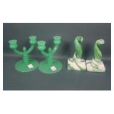 Pair of Green Fenton (?) Jade Double Candlesticks