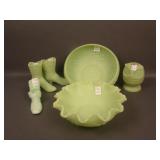 6 pc. Fenton Lot Green Satin Glass: (3) Daisy and