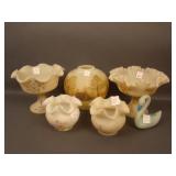 6 pc. Fenton Decorated Satin Lot: Minus lid to