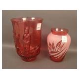 2 pc. Cranberry Lot w/ Fenton Oriental Scene Vase