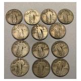 Lot Of 13 Silver Standing Liberty Quarters