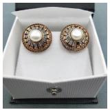 Rose Toned Pearl & White Topaz Baguette Earrings