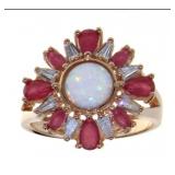 Sz 8.25 Ruby & Opal Cocktail Ring 14kt Rose