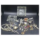 Glass & Footed Metal Jewelry Box With Contents