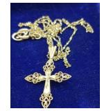 14k Yellow Gold Cross Necklace 20" Chain Marked