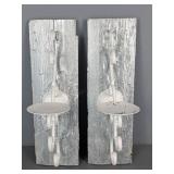 Pair Of Metal Candle Sconces On Boards Pair Of Metal Candle Sconces On Boards