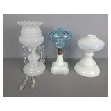 3x The Bid Milk Glass Lustre, 2 Antique Oil Lamps