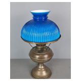 Vintage Oil Lamp With Blue Glass Shade