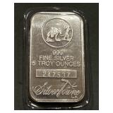 Five Troy Ounce Silvertowne .999 Silver Bar Ingot